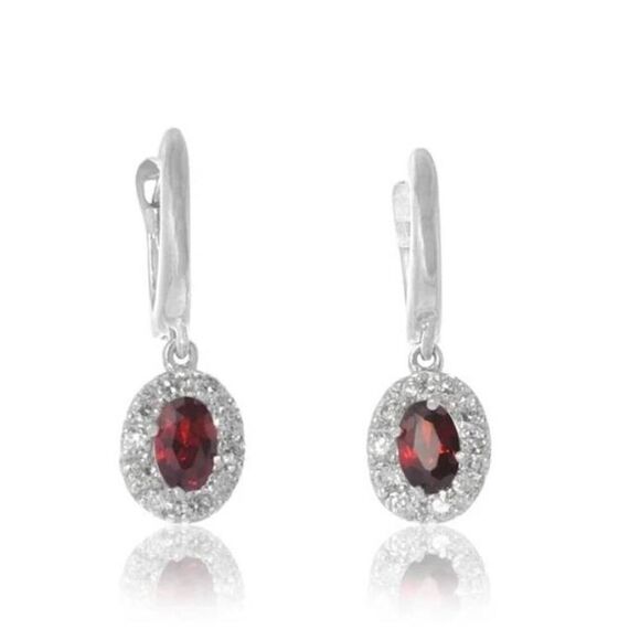 New~925 SS Oval Garnet & White Sapphire Gemstone Leverback Dangle Earrings - Picture 2 of 3